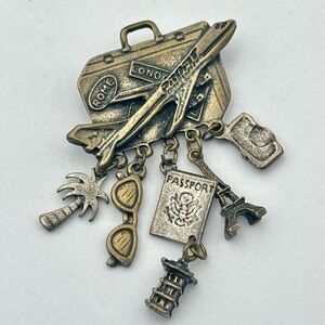 Vintage Travel Charm Brooch with Airplane and Passport Brass Gold Tone